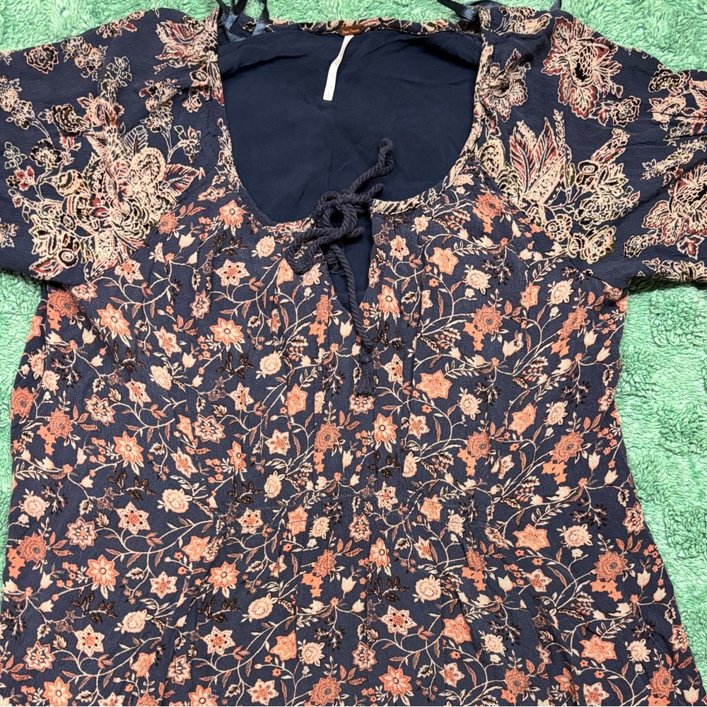 Free People Style Blue Floral Boho Tunic Top Flowy Long Sleeve - Picture 5 of 10